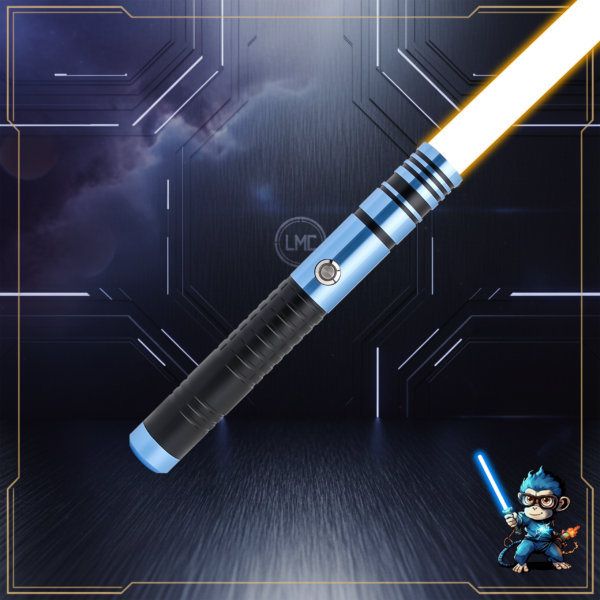 A blue Axion Training saber hilt with a black textured grip and yellow glowing electronic blade, displayed on a dark futuristic background.