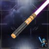 A gold Axion Training electronic saber with a black grip and a bright purple glowing blade.
