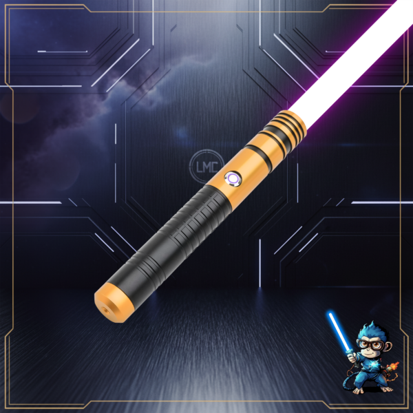 A gold Axion Training electronic saber with a black grip and a bright purple glowing blade.