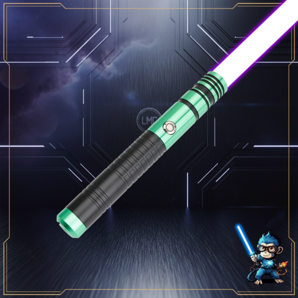 A forest green Axion Training saber hilt featuring black accents and a purple electronic blade.