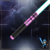 A metallic purple Axion Training saber with a black grip and a cyan glowing blade.