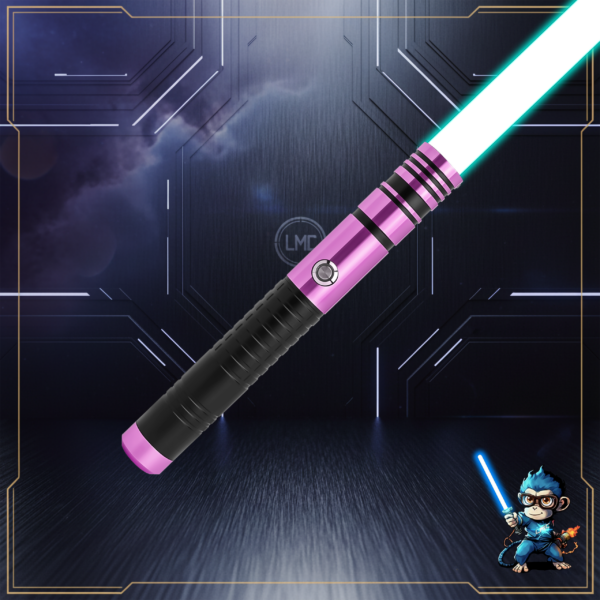 A metallic purple Axion Training saber with a black grip and a cyan glowing blade.