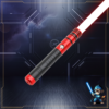 A crimson red Axion Training saber hilt with a black grip and a classic red glowing electronic blade.