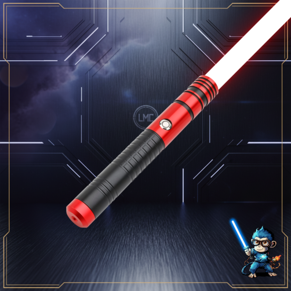 A crimson red Axion Training saber hilt with a black grip and a classic red glowing electronic blade.