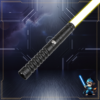 All-black Osiris Training Saber complete build with a yellow glowing blade and LMC laser engraving.