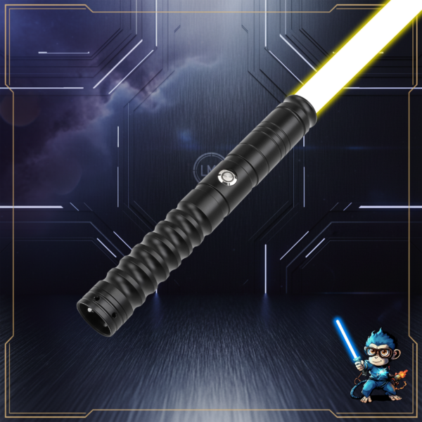 All-black Osiris Training Saber complete build with a yellow glowing blade and LMC laser engraving.