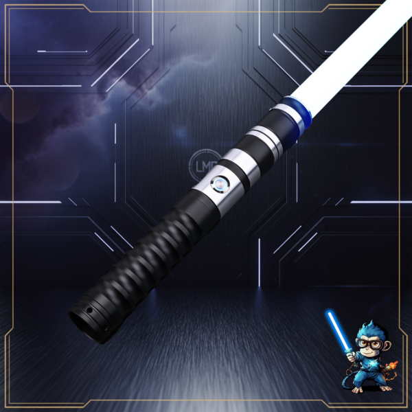 Complete Osiris Training Saber with a black and silver hilt and white glowing blade by Laser Monkey Sabers.