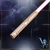 Complete Gold-finished Osiris Training Saber hilt with a deep red glowing blade and LMC logo.
