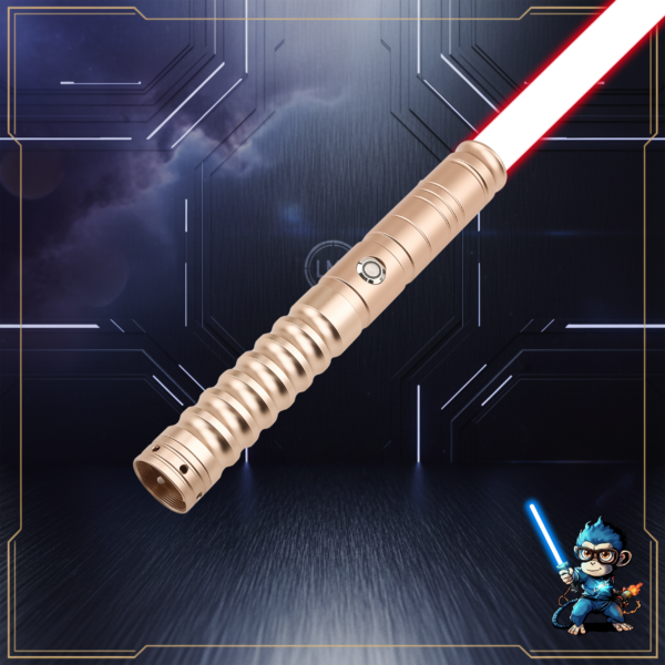 Complete Gold-finished Osiris Training Saber hilt with a deep red glowing blade and LMC logo.