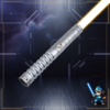 Brushed grey Osiris Training Saber complete with an amber-orange blade and custom LMC etching.