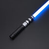 Complete Osiris Training Saber featuring a black and silver hilt and a vibrant blue glowing blade, fully assembled by Laser Monkey Sabers.