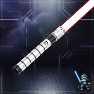 A sleek silver and black aluminum lightsaber hilt with a glowing red polycarbonate blade, displayed against a futuristic sci-fi background with the Laser Monkey logo.