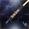 Boone Kestis legacy saber ignited with amber blade on futuristic background.