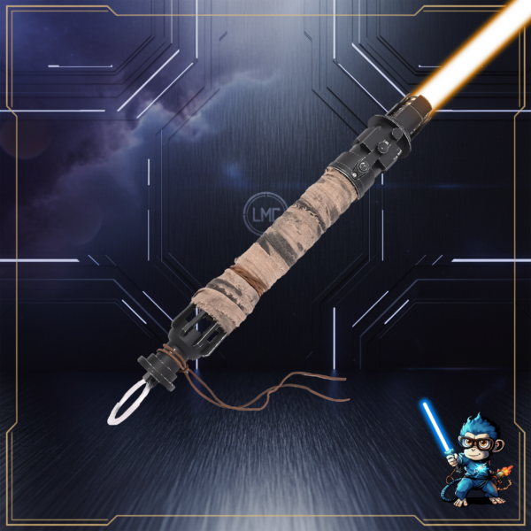 Boone Kestis legacy saber ignited with amber blade on futuristic background.