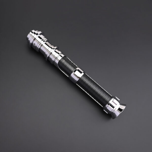 Full hilt view with polished chrome finish and grooved black grip.