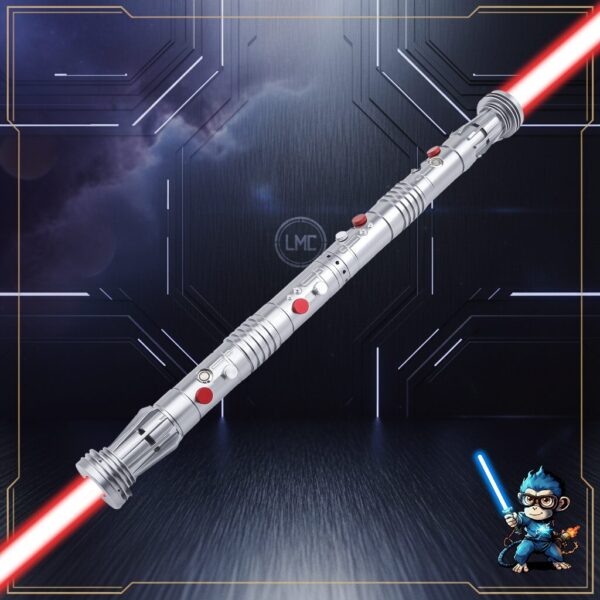Shadow Hunter SE dual saber with red blades on a futuristic background.