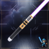 Gold and silver saber hilt with black ribbed grip, ignited with purple blade against a sci-fi background.