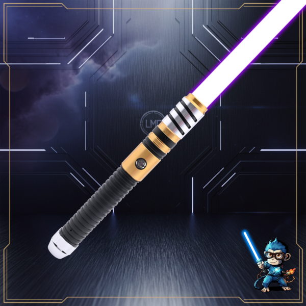 Gold and silver saber hilt with black ribbed grip, ignited with purple blade against a sci-fi background.