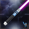 Blue and silver saber hilt with black ribbed grip, ignited with a magenta blade against a sci-fi background.