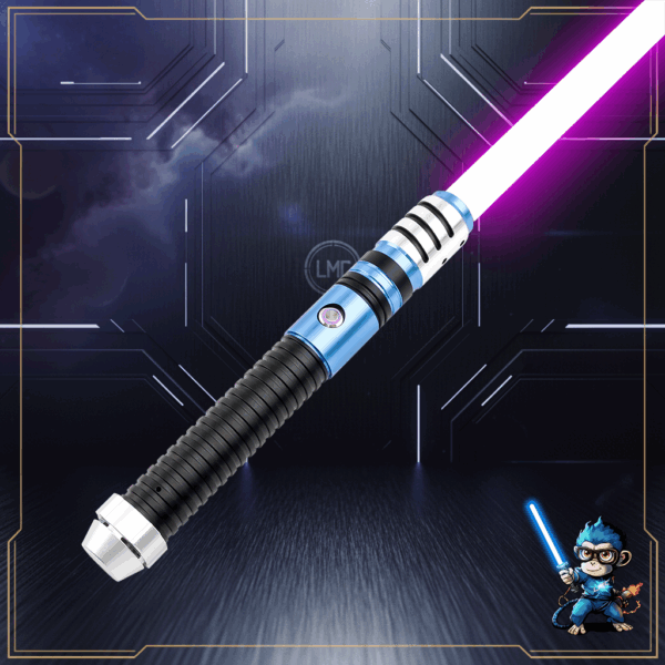 Blue and silver saber hilt with black ribbed grip, ignited with a magenta blade against a sci-fi background.