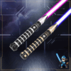 Two black-and-metal Crusader saber hilts, one with silver accents and one with gold accents, both ignited with glowing blades on a futuristic blue-lit background.