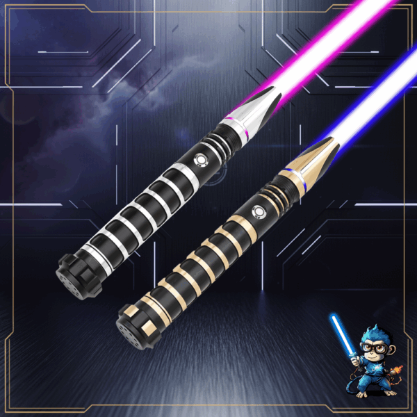 Two black-and-metal Crusader saber hilts, one with silver accents and one with gold accents, both ignited with glowing blades on a futuristic blue-lit background.