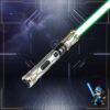 Ghost saber displayed with a glowing green blade on a sci-fi background, branding and mascot in the corner.