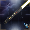 A sleek, matte black saber hilt with gold internal accents and a glowing yellow blade against a dark, futuristic background.