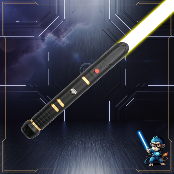 A sleek, matte black saber hilt with gold internal accents and a glowing yellow blade against a dark, futuristic background.