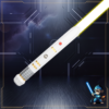 A clean, arctic white saber hilt featuring silver and gold detailing with a bright yellow blade and a laser-themed mascot in the corner.