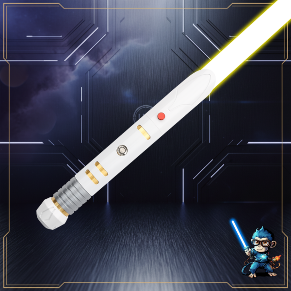 A clean, arctic white saber hilt featuring silver and gold detailing with a bright yellow blade and a laser-themed mascot in the corner.