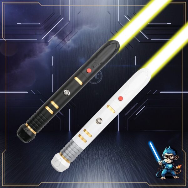 Black and white T Guard SE (Single) sabers side by side with glowing yellow blades, featuring LMC Creations logo.