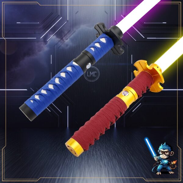 Two katana-style sabers with wrapped hilts, one blue and one red, displayed with glowing blades on a sci-fi backdrop.