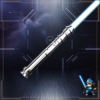Katarn legacy saber ignited with bright blue blade on futuristic background.