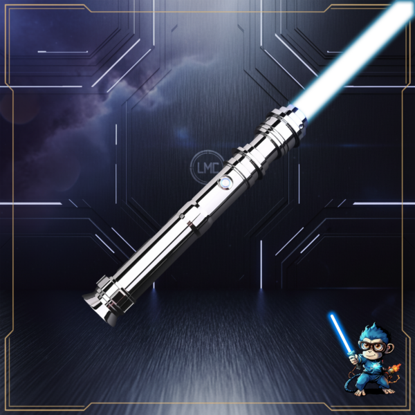 Katarn legacy saber ignited with bright blue blade on futuristic background.