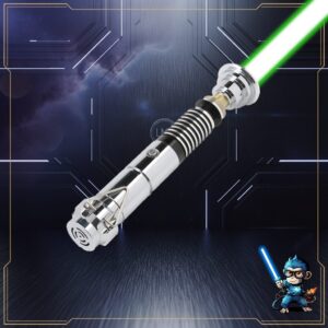 Display render of the Prodigal Son V1 hilt with glowing green blade and futuristic background.