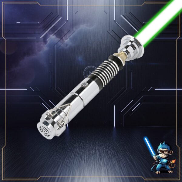 Display render of the Prodigal Son V1 hilt with glowing green blade and futuristic background.