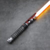 Relic Hunter saber ignited, showing textured grip and flame shroud with glowing blade.