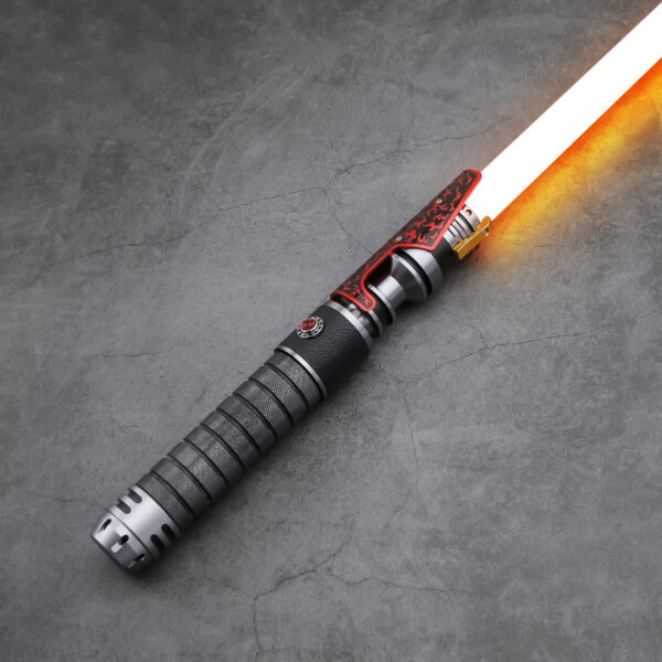 Relic Hunter saber ignited, showing textured grip and flame shroud with glowing blade.