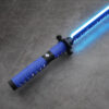 Blue-wrapped katana saber with a crackling blue blade effect on a stone background.