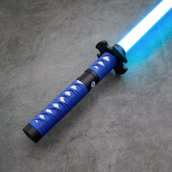 Blue-wrapped katana-style saber hilt with a glowing blue blade on a textured stone surface.