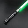 Silver-accent Crusader saber ignited with a bright green blade, shown on a dark background.”