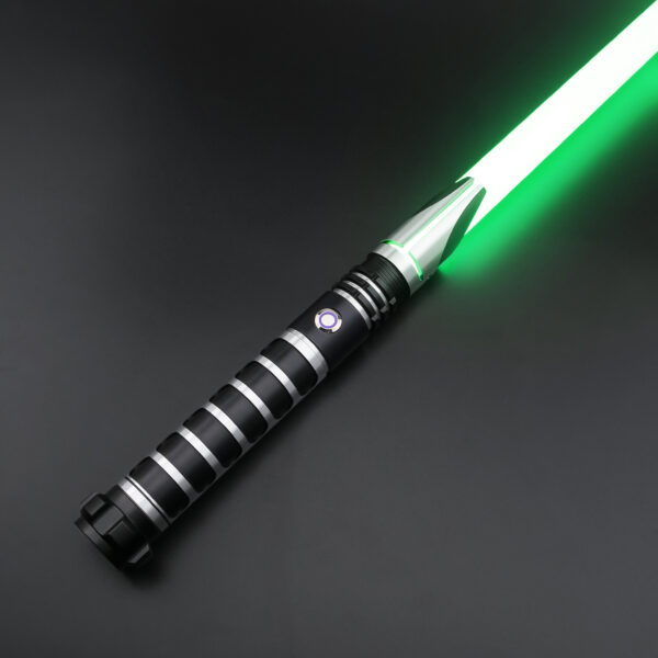 Silver-accent Crusader saber ignited with a bright green blade, shown on a dark background.”