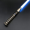 Gold-accent Crusader saber ignited with a bright blue blade, displayed against a dark background.