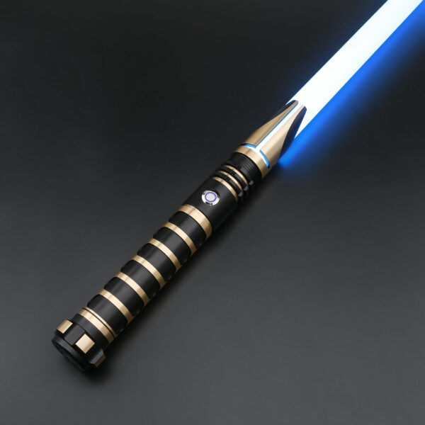 Gold-accent Crusader saber ignited with a bright blue blade, displayed against a dark background.