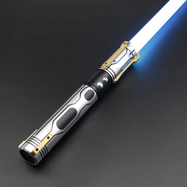 Ghost saber hilt, featuring a silver and black body with gold accents and a blue blade ignited.
