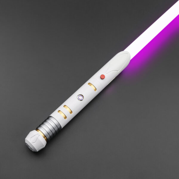 White T Guard SE (Single) saber with gold accents and purple blade on dark background.