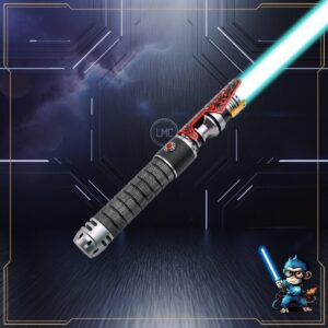 Full view of the Relic Hunter custom saber with engraved red flame shroud and textured black grip.