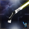 A silver and black curved saber hilt with a ribbed ergonomic grip and a brilliant yellow blade against a dark cinematic background.