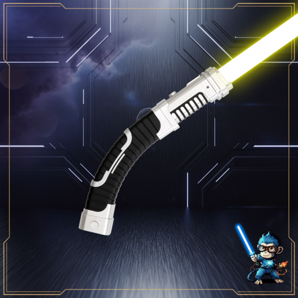 A silver and black curved saber hilt with a ribbed ergonomic grip and a brilliant yellow blade against a dark cinematic background.